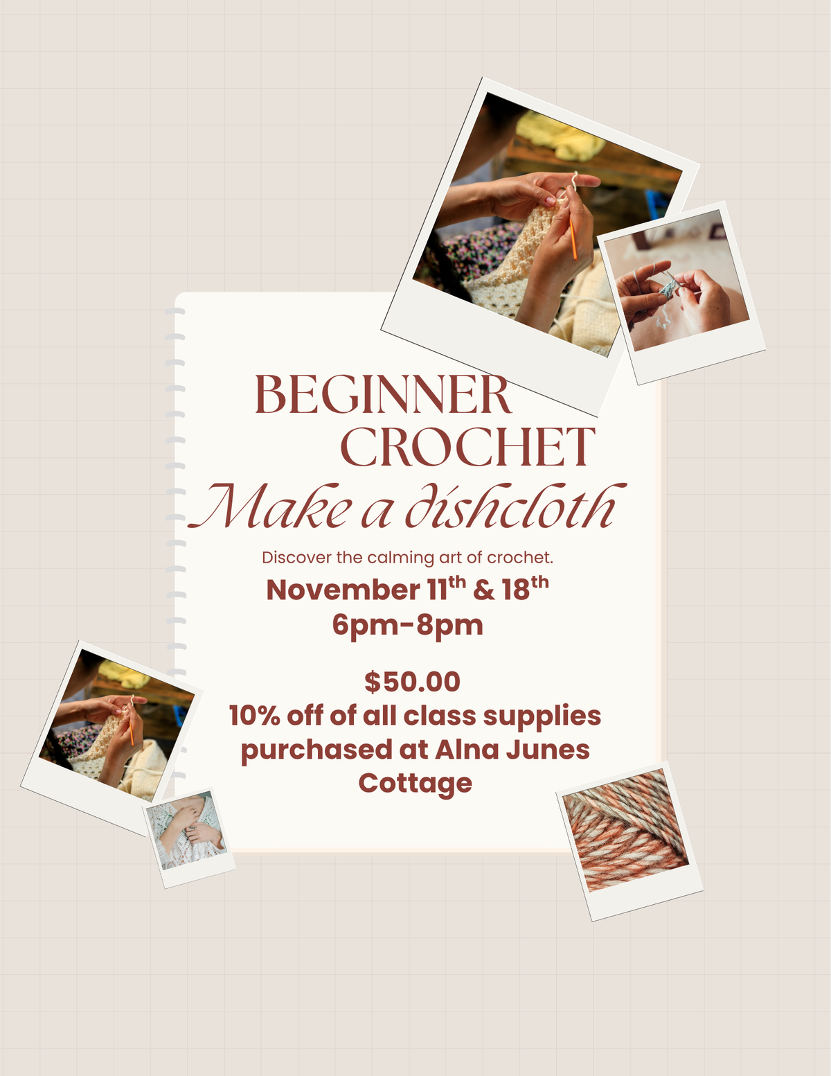 Beginner Crochet: Dishcloth November 11th & 18th 6p-8p